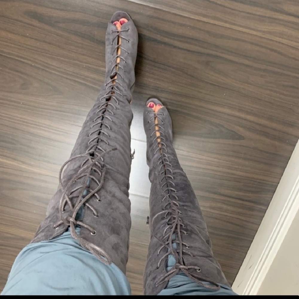 Faux suede open toe lace up bootie -grey - Picture 7 of 7